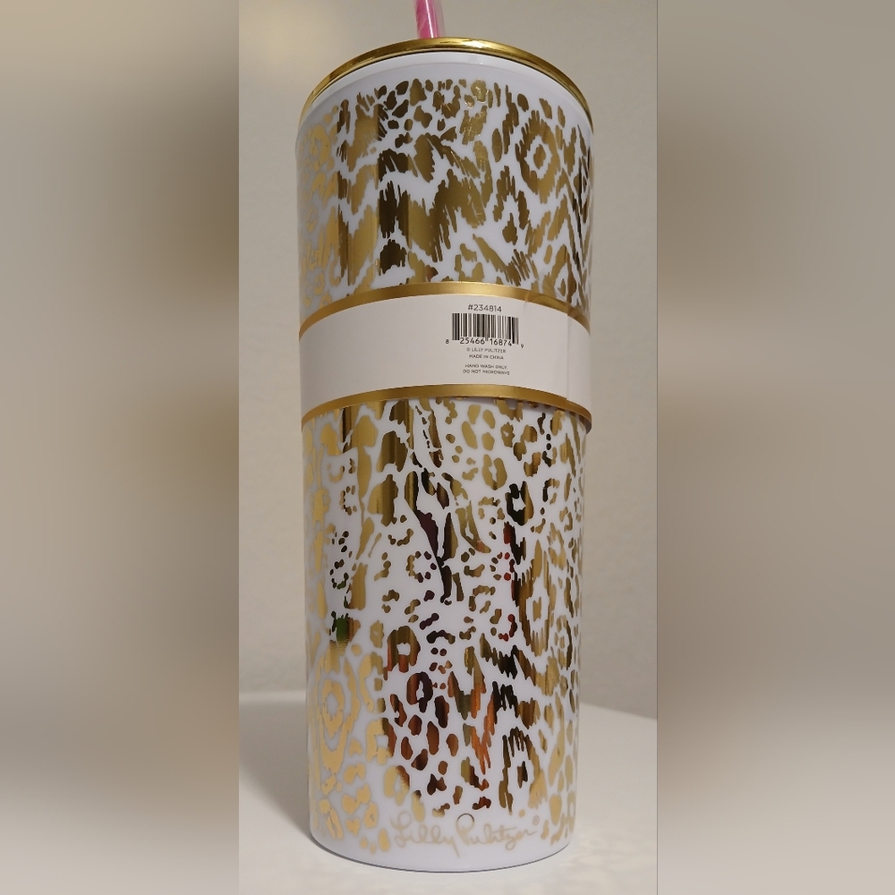 NWT Lilly Pulitzer Gold Leopard Tumbler‎ With Straw - Picture 6 of 10